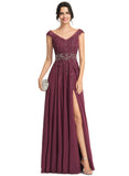 Iris A-line V-Neck Floor-Length Chiffon Lace Evening Dress With Beading Rhinestone Sequins STIP0020816