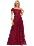 Tricia A-line Off the Shoulder Floor-Length Lace Tulle Evening Dress With Pleated Sequins STIP0020992