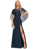 Jaylin Sheath/Column Scoop Illusion Floor-Length Chiffon Lace Evening Dress With Pleated Sequins STIP0020975