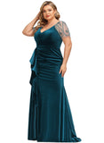 Harper Sheath/Column V-Neck Sweep Train Velvet Evening Dress With Beading Cascading Ruffles STIP0020875