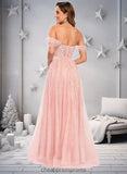 Marlee A-line Sweetheart Off the Shoulder Floor-Length Tulle Floral Lace Prom Dresses With Appliques Lace STIP0025870