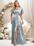 Kiera A-line V-Neck Floor-Length Stretch Satin Bridesmaid Dress With Ruffle STIP0025767