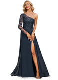 Frederica Sheath/Column One Shoulder Floor-Length Chiffon Lace Evening Dress With Sequins STIP0020775