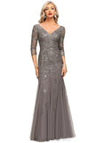 Daisy Trumpet/Mermaid V-Neck Floor-Length Lace Tulle Evening Dress With Sequins STIP0020907