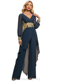 Claire Jumpsuit/Pantsuit V-Neck Floor-Length Chiffon Evening Dress With Appliques Lace STIP0020778