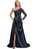 Eleanor Trumpet/Mermaid One Shoulder Sweep Train Lace Satin Evening Dress With Pleated STIP0020914