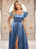 Rubi A-line Square Floor-Length Stretch Satin Bridesmaid Dress With Ruffle STIP0025769