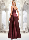 Ann A-line V-Neck Floor-Length Stretch Satin Bridesmaid Dress With Ruffle STIP0025785