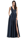 Cora A-line V-Neck Floor-Length Lace Satin Evening Dress With Sequins STIP0020947