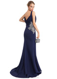 Kendra Trumpet/Mermaid V-Neck Sweep Train Stretch Crepe Evening Dress With Pleated Appliques Lace STIP0020936