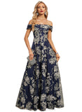 Ana A-line Off the Shoulder Floor-Length Lace Evening Dress With Sequins STIP0020885