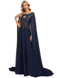 Grace A-line Scoop Sweep Train Chiffon Lace Evening Dress With Sequins STIP0020820