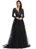 Cali Ball-Gown/Princess V-Neck Sweep Train Lace Tulle Evening Dress With Sequins STIP0020881