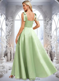 Lucille A-line Square Floor-Length Satin Bridesmaid Dress With Bow STIP0025778