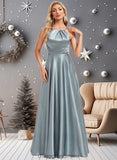 Anne A-line Halter Floor-Length Stretch Satin Bridesmaid Dress STIP0025783