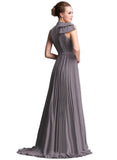 Cierra A-line High Neck Sweep Train Chiffon Evening Dress With Bow Pleated STIP0020927