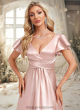 Jaden A-line V-Neck Floor-Length Stretch Satin Bridesmaid Dress With Ruffle STIP0025787