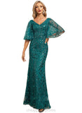 Kaila Sheath/Column V-Neck Floor-Length Lace Sequin Evening Dress STIP0020995