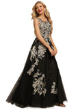 Everleigh A-line Scoop Floor-Length Lace Tulle Evening Dress STIP0020935