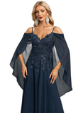 Kiera A-line Cold Shoulder Off the Shoulder Floor-Length Chiffon Lace Evening Dress With Sequins STIP0020901