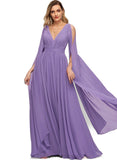 Joy A-line V-Neck Floor-Length Chiffon Evening Dress With Pleated STIP0020896