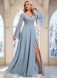 Diya A-line V-Neck Floor-Length Chiffon Bridesmaid Dress STIP0025798