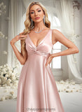 Frederica A-line V-Neck Floor-Length Stretch Satin Bridesmaid Dress STIP0025779