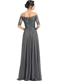 Makaila A-line Off the Shoulder Floor-Length Chiffon Lace Evening Dress With Rhinestone STIP0020908