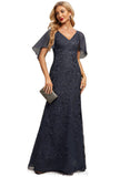 Sloane Sheath/Column V-Neck Sweep Train Chiffon Lace Evening Dress With Cascading Ruffles STIP0020993