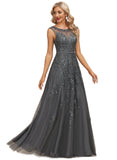 Adalynn A-line Scoop Illusion Floor-Length Lace Tulle Evening Dress With Beading Sequins STIP0020806