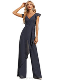 Jaycee Jumpsuit/Pantsuit V-Neck Floor-Length Chiffon Evening Dress With Bow Pleated STIP0020826