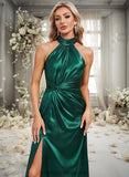 Winnie A-line Halter Floor-Length Stretch Satin Bridesmaid Dress With Ruffle STIP0025817