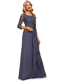 Kennedy A-line Scoop Floor-Length Chiffon Lace Evening Dress With Flower Cascading Ruffles STIP0020988