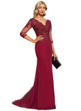 Dayanara Trumpet/Mermaid V-Neck Sweep Train Chiffon Lace Evening Dress With Sequins STIP0020849