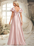 Jaden A-line V-Neck Floor-Length Stretch Satin Bridesmaid Dress With Ruffle STIP0025787