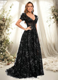 Arielle A-line V-Neck Sweep Train Floral Lace Prom Dresses With Sequins STIP0025869