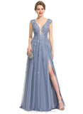 Kierra A-line V-Neck Floor-Length Lace Tulle Evening Dress With Sequins STIP0020996