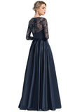 Gianna A-line Scoop Illusion Floor-Length Lace Satin Evening Dress With Sequins STIP0020848