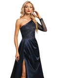 Eleanor Trumpet/Mermaid One Shoulder Sweep Train Lace Satin Evening Dress With Pleated STIP0020914