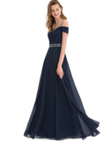 Mareli A-line Cold Shoulder V-Neck Floor-Length Chiffon Evening Dress With Beading Pleated Sequins STIP0020963