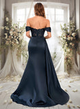 Katelyn Trumpet/Mermaid Off the Shoulder Sweep Train Satin Prom Dresses With Sequins Appliques Lace STIP0025835