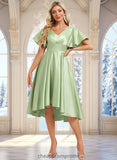 Molly A-line V-Neck Asymmetrical Satin Bridesmaid Dress With Ruffle STIP0025776