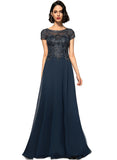 Roberta A-line Scoop Illusion Floor-Length Chiffon Lace Evening Dress With Sequins STIP0020857