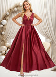 Ginny A-line V-Neck Floor-Length Satin Bridesmaid Dress STIP0025775