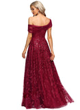 Tricia A-line Off the Shoulder Floor-Length Lace Tulle Evening Dress With Pleated Sequins STIP0020992