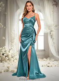 Mya Trumpet/Mermaid V-Neck Sweep Train Stretch Satin Prom Dresses STIP0025855