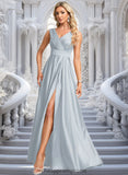 Iyana A-line V-Neck Floor-Length Satin Prom Dresses STIP0025877