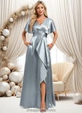 Kiera A-line V-Neck Floor-Length Stretch Satin Bridesmaid Dress With Ruffle STIP0025767