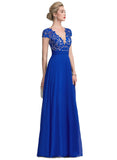 Genesis A-line V-Neck Floor-Length Chiffon Lace Evening Dress STIP0020891