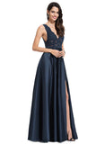 Cora A-line V-Neck Floor-Length Lace Satin Evening Dress With Sequins STIP0020947